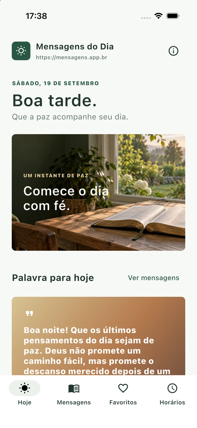 Tela inicial real do Mensagens do Dia, com saudação, imagem de uma Bíblia ao amanhecer e a Palavra para hoje.